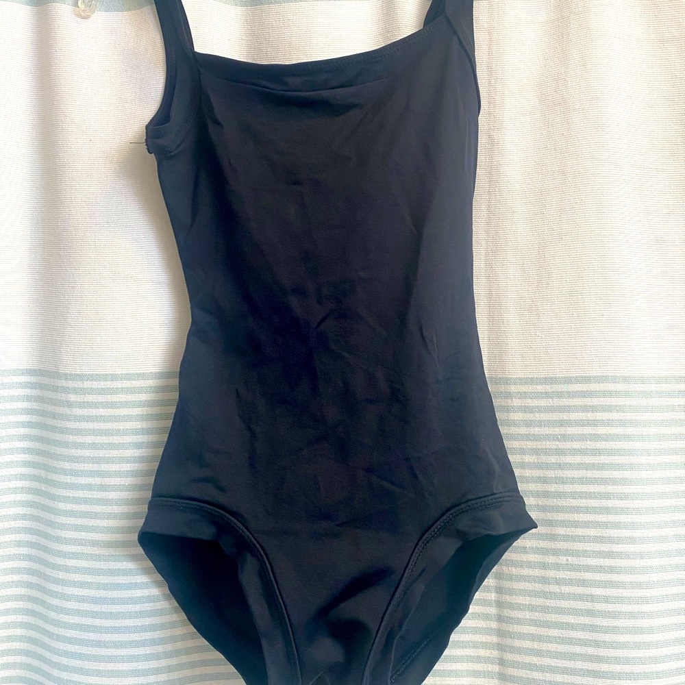 Natalie black medium strap mesh dance leotard Size Petite Adult.